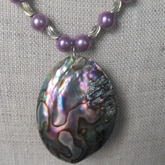 Purple Pearl & Abalone Pendant Necklace, New, Genuine Gems - Picture 3 of 8